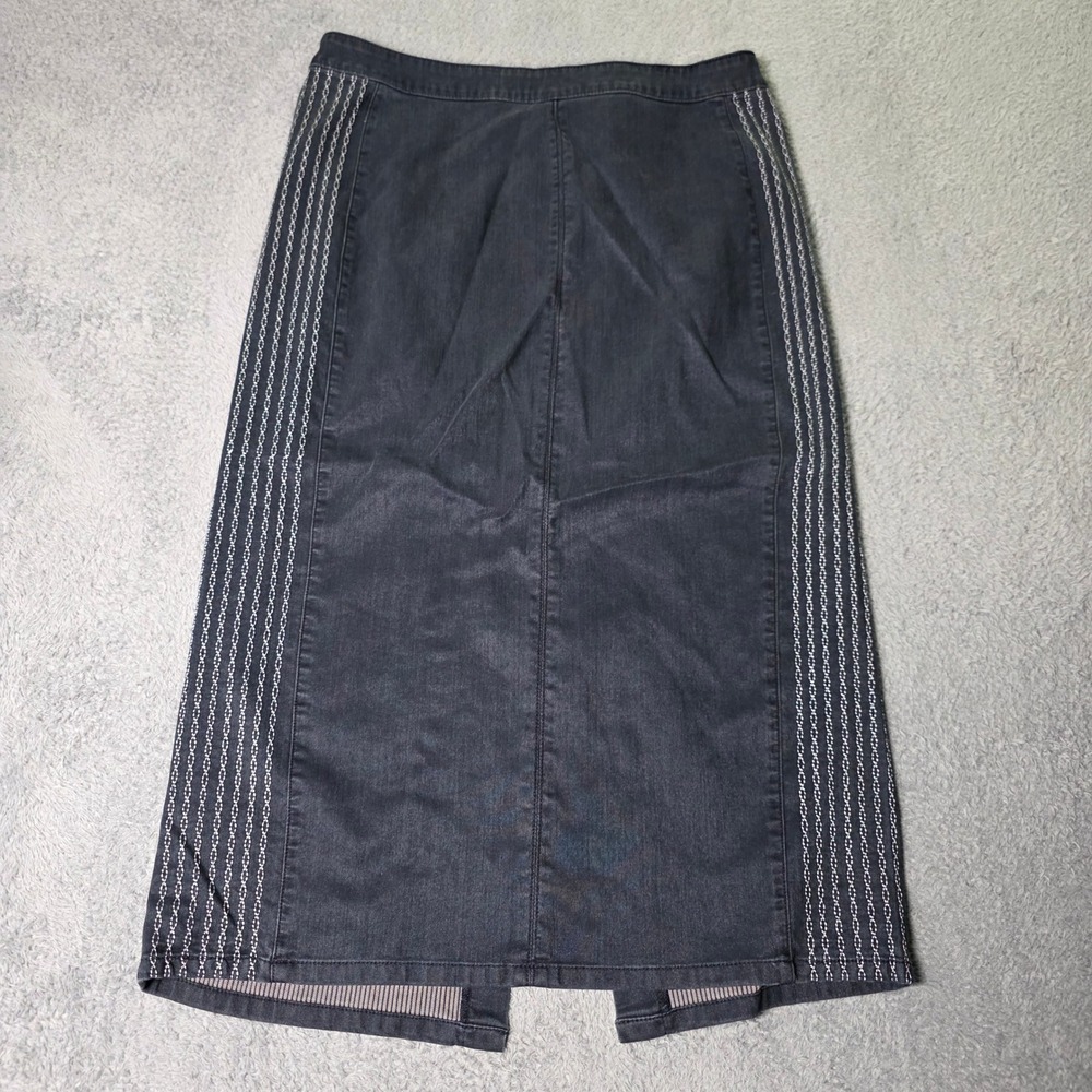 Style J Womens 16 Midi Denim Skirt Dark Gray Embroidered Side Trim Stretch VTG
